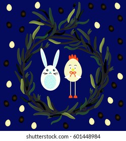 Easter in France. Rooster and rabbit in olive wreath