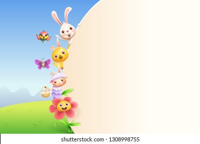 Easter friends animals and flower on left side of board - spring landscape background