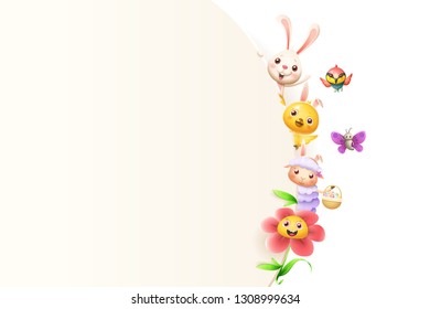 Easter friends animals and flower on right side of board - isolated on white background