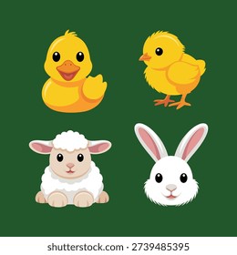 Easter friends icon set, two chicks, lamb and bunny, spring classroom worksheet graphics, egg hunt session, kids party vector