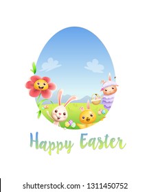 Easter friends lamb bunny chicken and flower peeking behind egg shape hole - greeting card