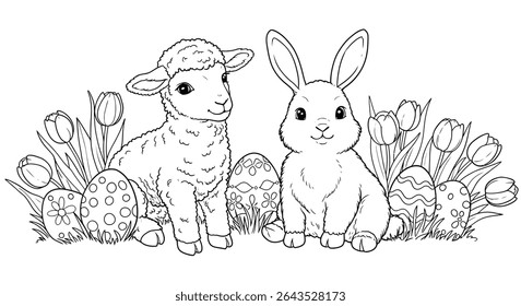 Amigos de Páscoa Linha Arte Cordeiro e Coelho Sentado entre Tulipas de primavera e ovos pintados Bonito Personagem Contorno