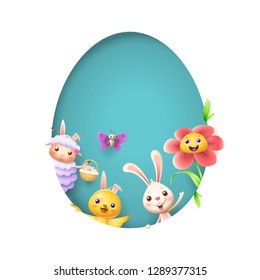 Easter friends sheep bunny chicken butterfly and flower peeking behind egg shape hole on blue background