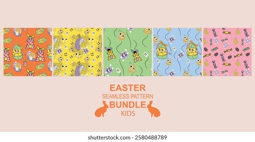 The Easter Fun for Kids Seamless Pattern Bundle features cheerful, cartoon-style designs perfect for children’s party decor, gift wrap, stationery, apparel, and fun Easter branding