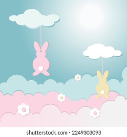 Tarjeta divertida de Pascua con conejos de papel y nubes de colores