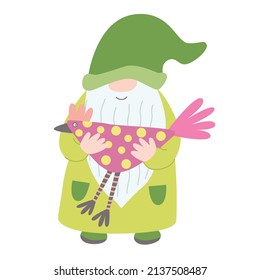 Easter funny gnome with a hen. Hand drawn flat vector illustration. Great for greeting cards.