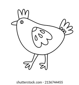 Pascua, pollo gracioso.  Esquema negro de la ilustración del vector dibujada a mano con doodle. Ideal para tarjetas de felicitación, libros de coloreo.