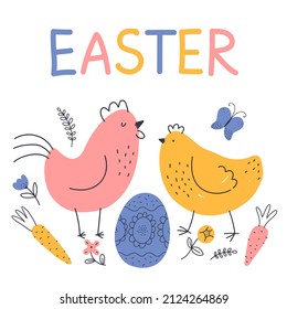 Easter funny poster. Cute chicken with egg in rustic style