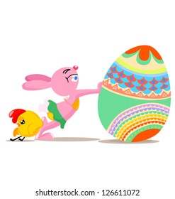 Easter funny with rabbit and chicken on white background