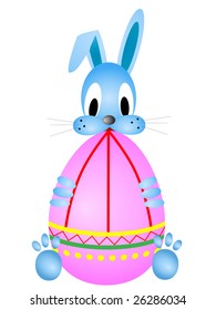 Easter funny rabbit holding coloring egg against the white background