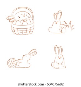 Easter funny rabbits. Four contour Easter bunnies on a white background.