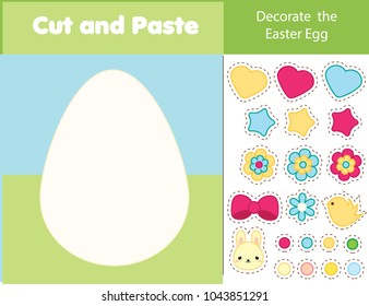 Easter game. children educational game. Cut and paste type. Decorate Easter egg with glue and scissors. Stickers game for toddlers and pre school years kids