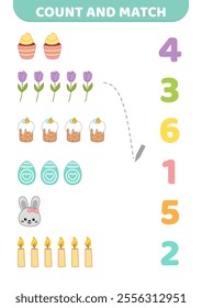 Easter game. Count and match. Counting game. Educational preschool game for kids. Cartoon, isolated vector illustration eps 10