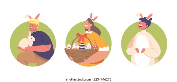 Easter Game, Fun, Amusement for Children Isolated Round Icons or Avatars. Girl Wear Rabbit Ears Holding Basket with Painted Eggs, Boy with Cute Bunny. Easter Holiday Hunt. Cartoon Vector Illustration