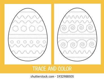 Easter game trace and color for kids. Printable worksheet with a couple of eggs, two levels of difficulty.