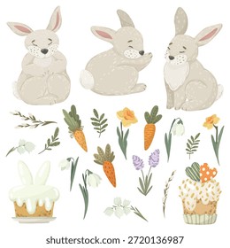 Conjunto de decoración de jardín de Pascua con cestas de mimbre, coronas y letreros de madera, colección de Ilustración vectorial festiva de primavera, Elementos rústicos aislados para la decoración del hogar