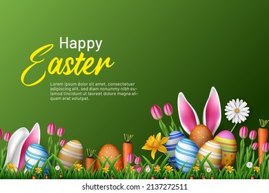 easter garden illustration with creative eggs and grasses