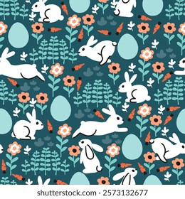 Easter Garden Pattern with Bunny, Carrot, and Egg. Perfect for Easter-themed crafts, gift wraps, greeting cards, digital projects, and spring-inspired decor