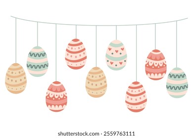 Easter garland with colorful eggs. Vector illustration in hand drawn flat style, pastel colors. Perfect for greeting cards, invitations, seasonal banners, and holiday designs