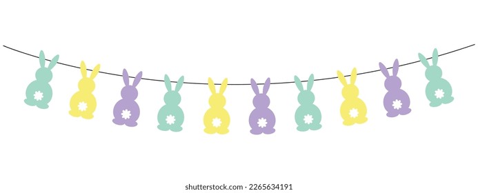 Marismas de Pascua, bonito conejo con decoración vectorial panorámica, decoración primaveral
