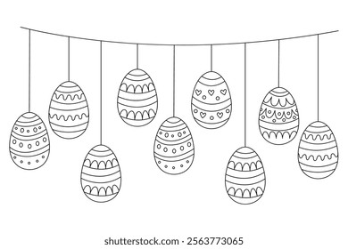 Easter garland with decorative eggs. Vector illustration in hand drawn doodle style, black outline. Perfect for greeting cards, invitations, seasonal banners and coloring book