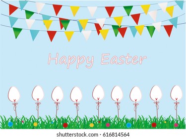 Easter. Garland of flags. Eggs made of paper on a stick with bows. Grass with flowers. Vector. Greeting card or invitation for a holiday