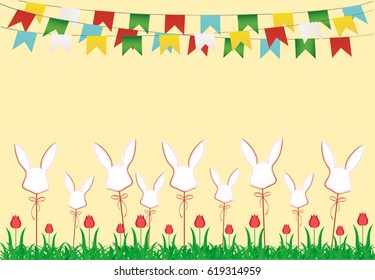 Easter. Garland of flags. Eggs made of paper on a stick with bows. Grass with flowers tulip. Vector. Greeting card or invitation for a holiday