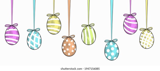Easter garland with hanging Easter eggs. Vintage stylized drawing. Vector illustration