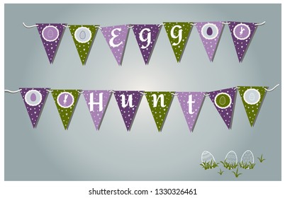 Easter garlands with flags, eggs, hearts and bunnies. Illustration typographic design for spring and easter cards and invitations. Gray, lilac, purple, green grass colors and rabbit silhouettes.