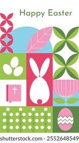 Easter geometric background, pattern. Abstract Easter banner, greeting card with mosaic traditional elements, symbols - rabbits, eggs, plants. Vector