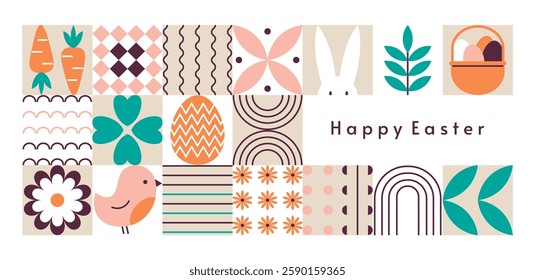 Easter geometric background. Rabbit and basket with eggs. Flowers and plants. Decorative trendy elements. Minimalist style. Card, banner, poster. Abstract vector illustration with inscription.