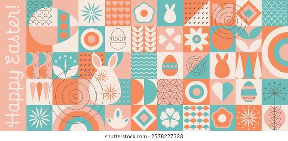 Easter geometric banner with simple geometric shapes and figures and symbols of the holiday. Religious celebration wallpaper with rabbits, flowers and eggs. Vector illustration.