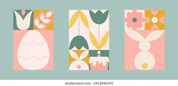 Easter geometric card set with simple bunny, egg, tulips, easter cake, flowers. Pastel color cute shapes.