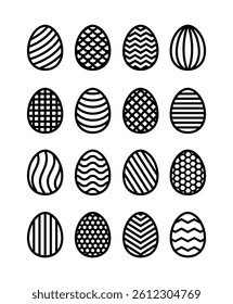 Easter geometric eggs collection. Vector black illustrations. Decorative holiday symbols. Isolated on white background. Carved pattern. For laser, plotter cutting, sublimation.
