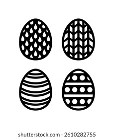 Easter geometric eggs set. Paper or laser cutting templates. Vector black illustrations. Decorative holiday symbols. Isolated on white background. Carved pattern. For laser, plotter cutting,print.