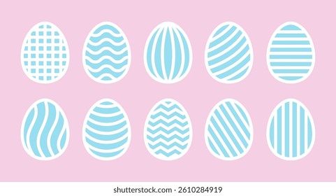 Easter geometric eggs set. Paper or laser cutting templates. Vector color illustrations. Decorative holiday symbols. Isolated on color background. Multilayered eggs. For laser, plotter cutting.