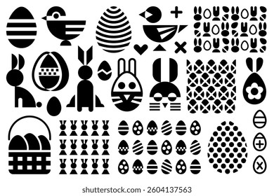 Easter geometric graphic decorations, abstract flat black and white design elements. Easter bunnies, eggs, chicks, patterns isolated on white background.