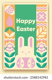 Easter Geometric Greeting Card pattern. Bauhaus style. Easter card Vector flat design for poster, card, wallpaper, poster, banner, packaging. Bunny, flower, chick, egg, basket