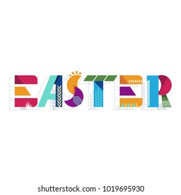 Easter geometric lettering. Art text decoration for greeting card, banner for advertising on site and social networks. Flat vector cartoon illustration. Objects isolated on white background.