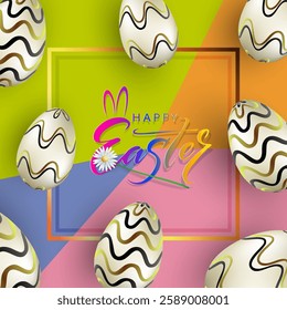 Easter geometric multicolor design with frame and eggs.