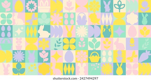 Easter geometric pattern. Bauhaus style. Vector flat design for poster, card, wallpaper, poster, banner, packaging. Bunny, flower, chick, egg, basket