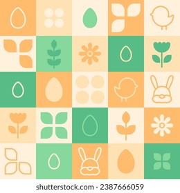 Easter geometric pattern with line icons. Bunny head, simple chicken, eggs, flowers, leaves and plants in cages. Minimal background. Vector illustration. Spring print