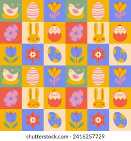 Easter Geometric seamless pattern. Painted eggs, chiken, bunny, flower. Bright color modern design vector background