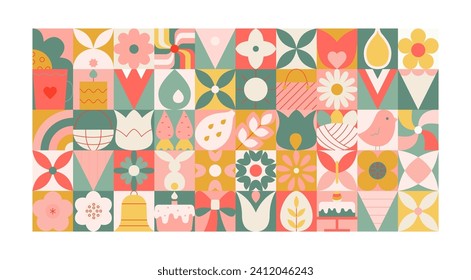 Easter geometric square bright flat banner with bunny, eggs, plants, flowers, cabdle, drop for invitation, card, wall art, background.