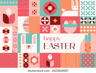 Easter geometric square bright flat banner. Easter eggs,rabbits,basket,eggs hunt.Perfect for a poster, cover, or postcard.Vector illustration EPS 10