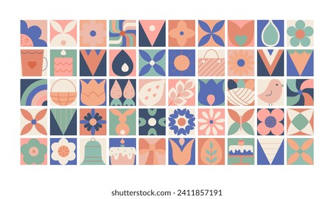 Easter geometric square flat icons with bunny, eggs, plants, flowers, cabdle, drop for invitation, card, banner.