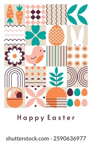 Easter geometric vertical pattern. Rabbit, basket with eggs. Flowers, plants. Decorative trendy elements. Minimalist style. Card, banner design, poster. Vector illustration.Background with inscription