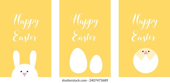 Easter geometrical holiday covers, posters, banners, greeting card. Flat vector illustration with yellow background. Rabbit, eggs, chicken