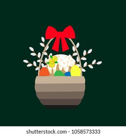 easter gift basket. happy easter. easter cake and willow twig