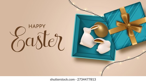 Easter Gift Box With Bunny and Golden Easter Egg Greeting Card Illustration in Soft Neutral Tones for Holiday Promotion